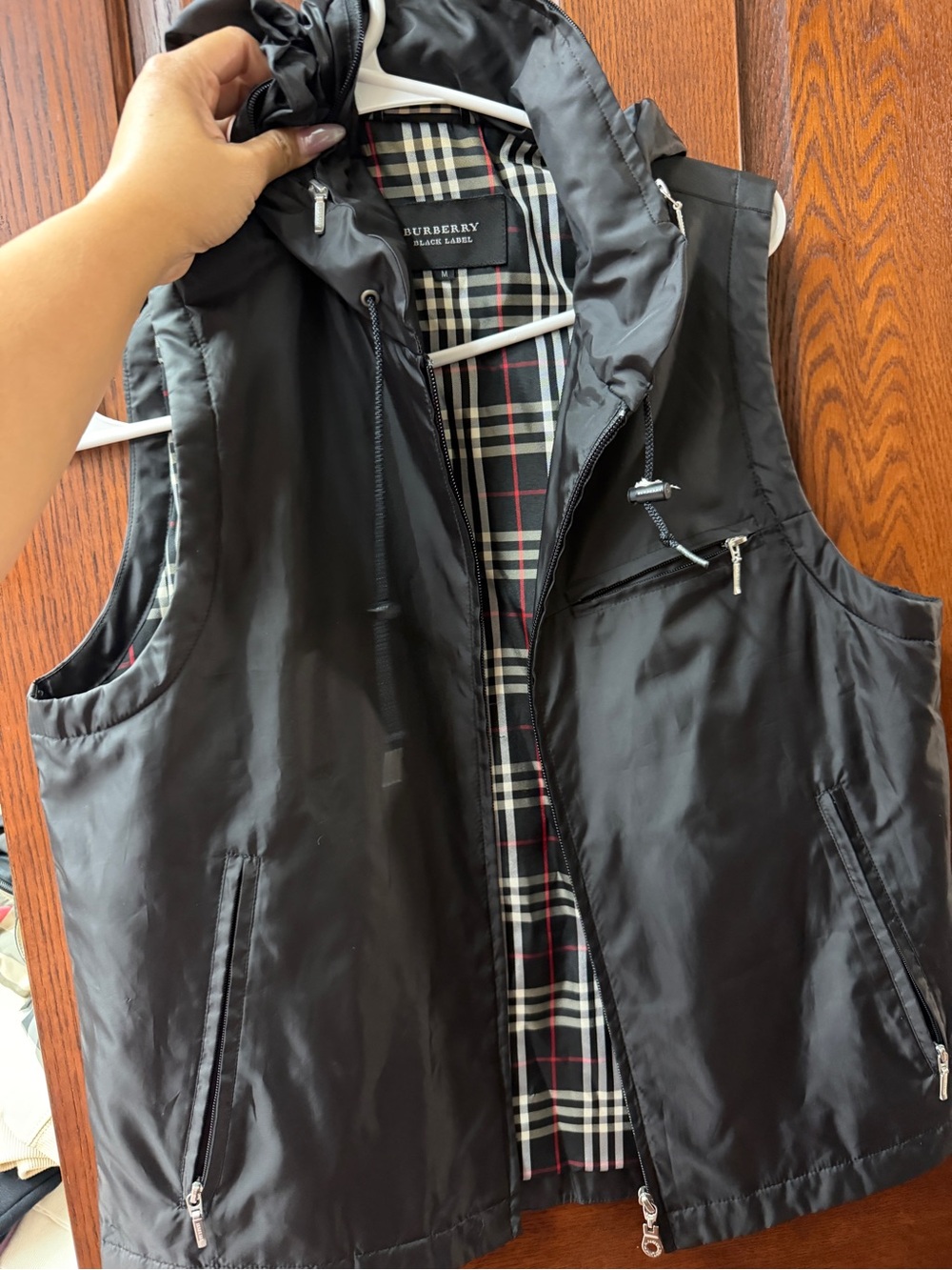 Black Label Black Hooded Vest with Signature Plaid Lining